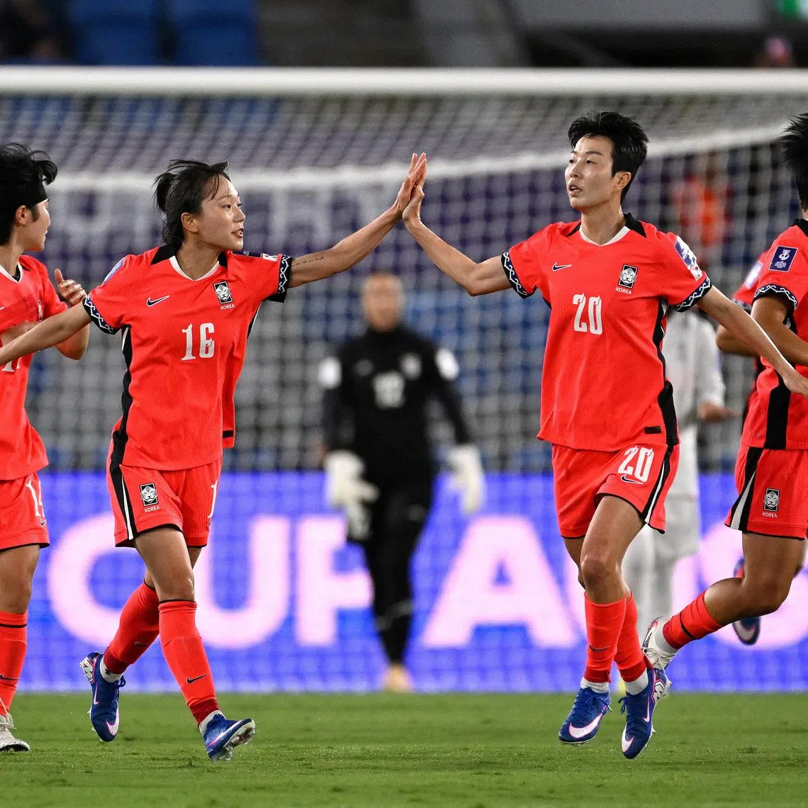 South Korea's team celebrates after scoring a goal against Iran during an AFC Women's Asian Cup match on March 2. Suwon FC Women will play the North's Naegohyang Women’s FC on May 20.