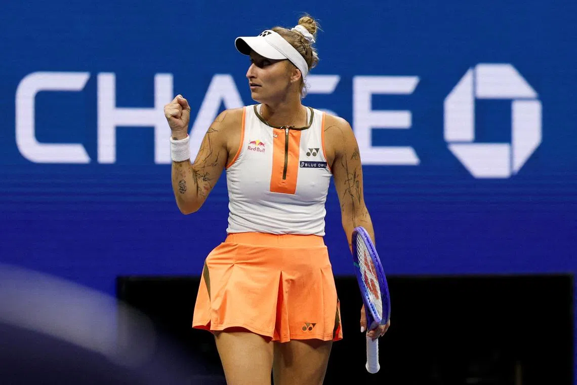 FILE PHOTO: Aug 31, 2025; Flushing, NY, USA; Marketa Vondrousova reacts after winning the first set against Elena Rybakina (KAZ) (not pictured) on day eight of the 2025 US Open tennis championships at Billie Jean King National Tennis Center. Mandatory Credit: Geoff Burke-Imagn Images/File Photo