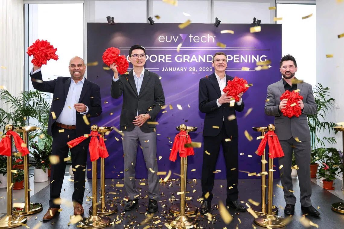 (From Left) Mr Chami Perera, COO of EUV Tech, Mr Soo Haw Yun, EDB vice-president, Dr Patrick Naulleau, CEO of EUV Tech, and Mr Tom Arthur, vice president of operations at EUV Tech, officiating the opening of EUV Tech Singapore's new office at MapleTree High-Tech Park on Jan 28, 2026.