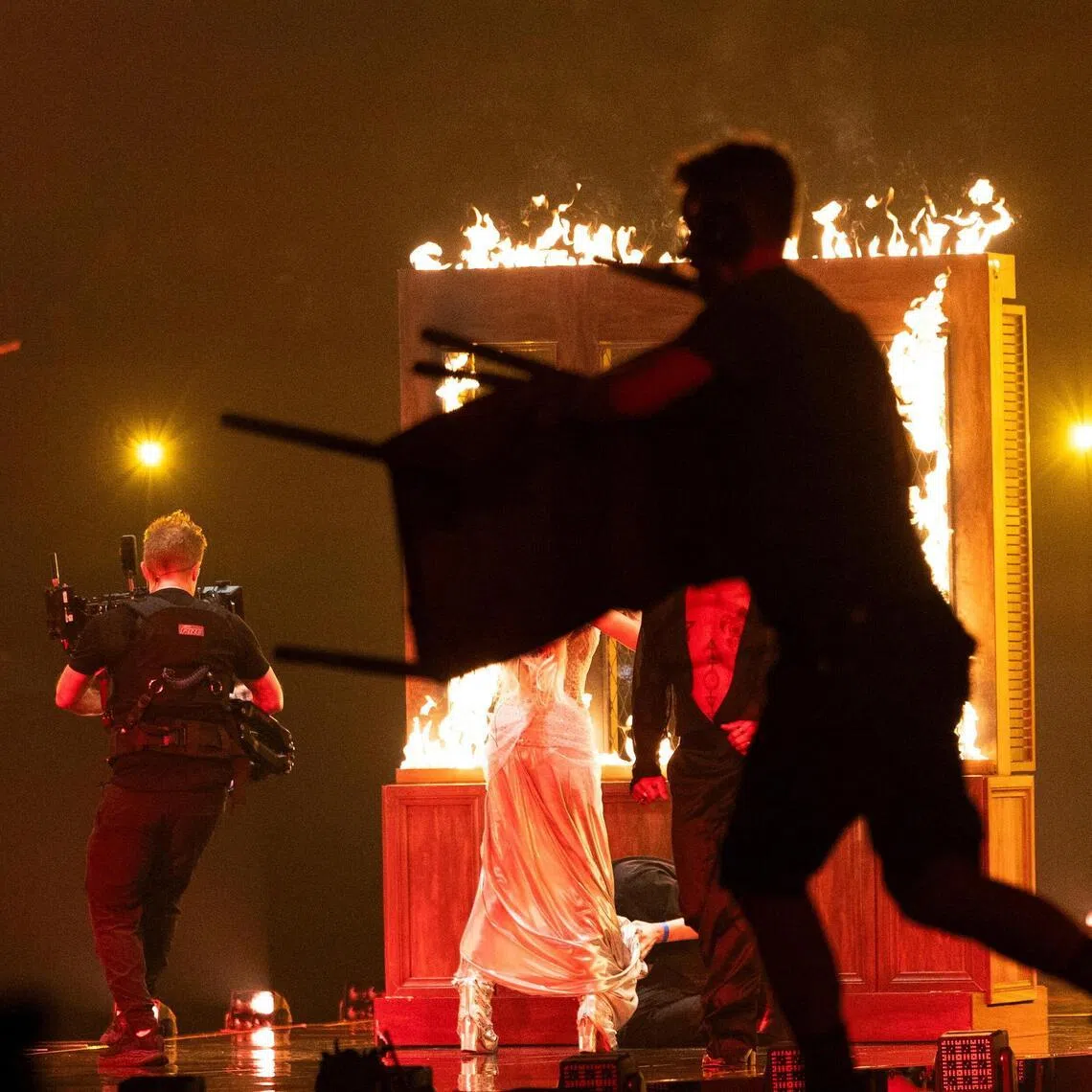 A behind-the-scenes view towards the stage as Finland’s Linda Lampenius and Pete Parkkonen rehearse for the Eurovision Song Contest 2026 in Vienna, Austria, on May 15.