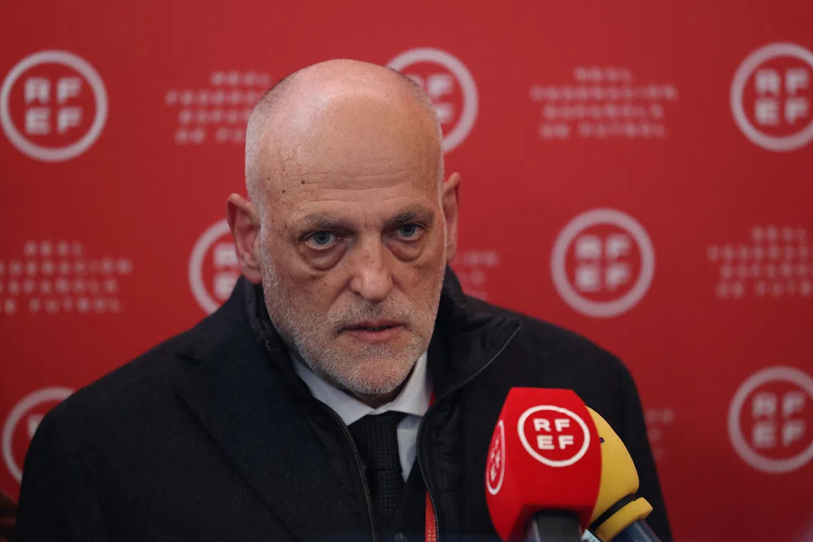 Soccer Football - Spain's Football Federation elects a new president - Ciudad del Futbol, Las Rozas, Spain - December 16, 2024 LaLiga president Javier Tebas speaks to the media REUTERS/Isabel Infantes