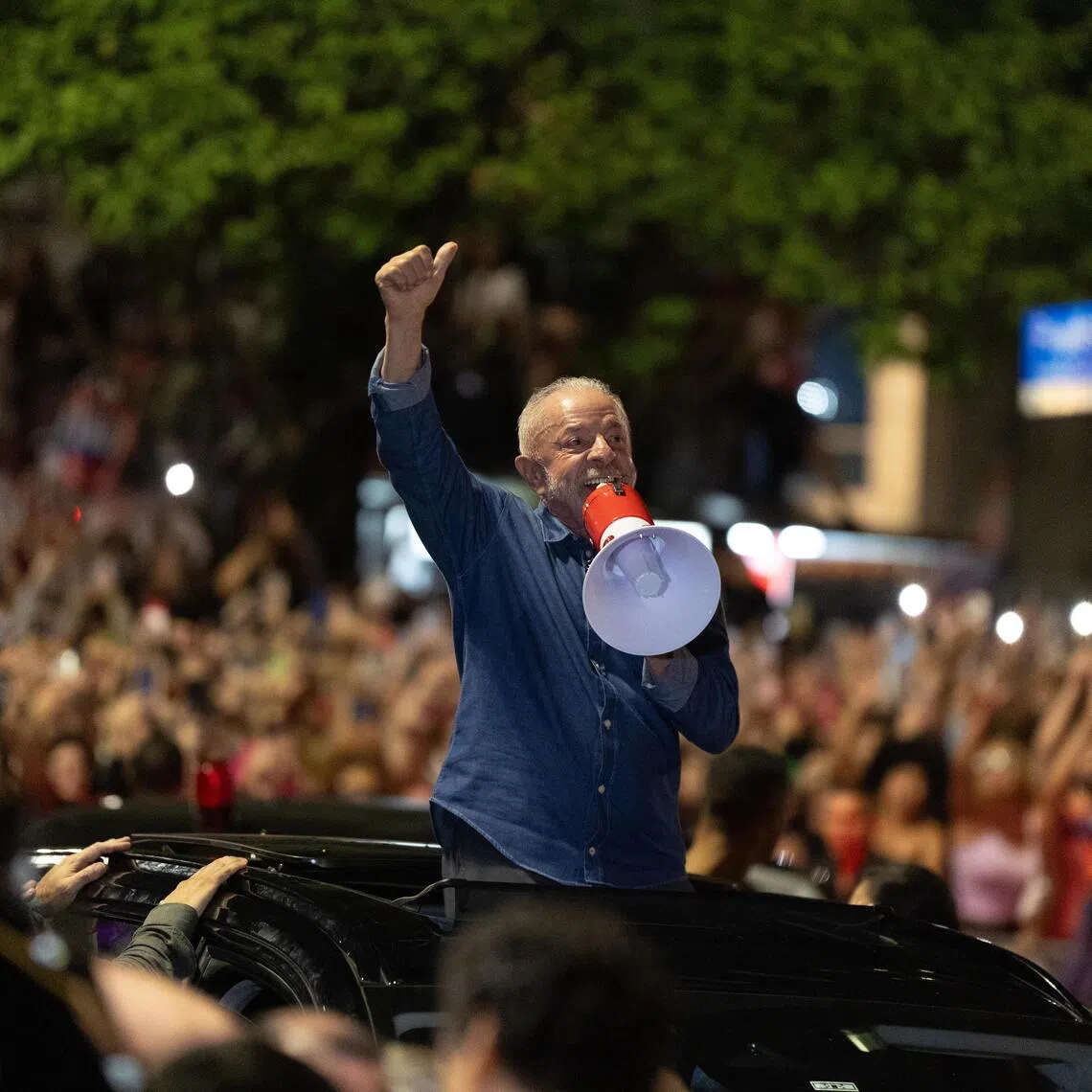 Brazilian President Luiz Inacio Lula da Silva speaking to supporters in Sao Paulo, Brazil, on Oct 25, after his re-election for a fourth term.