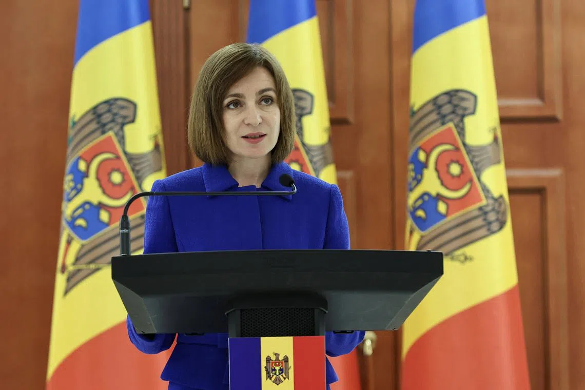 FILE PHOTO: Moldovan President Maia Sandu speaks during a press conference following talks with U.S. Secretary of State Antony Blinken in Chisinau, Moldova, May 29, 2024. REUTERS/Vladislav Culiomza/File Photo