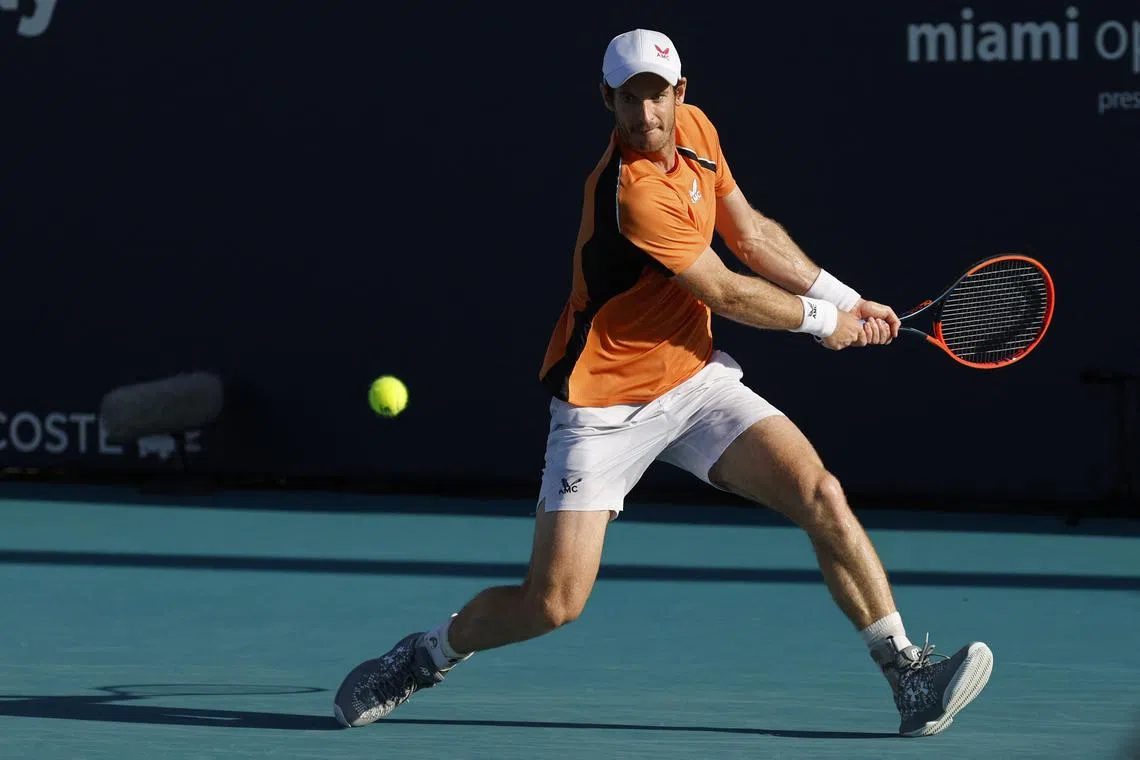 Mar 24, 2024; Miami Gardens, FL, USA; Andy Murray (GBR) hits a backhand against Tomas Machac (CZE) (not pictured) on day seven of the Miami Open at Hard Rock Stadium. Mandatory Credit: Geoff Burke-USA TODAY Sports/ File Photo