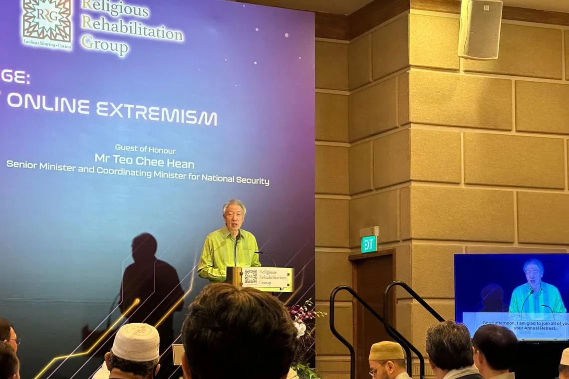 Senior Minister and Coordinating Minister for National Security Teo Chee Hean speaking at the 19th annual retreat of the Religious Rehabilitation Group.