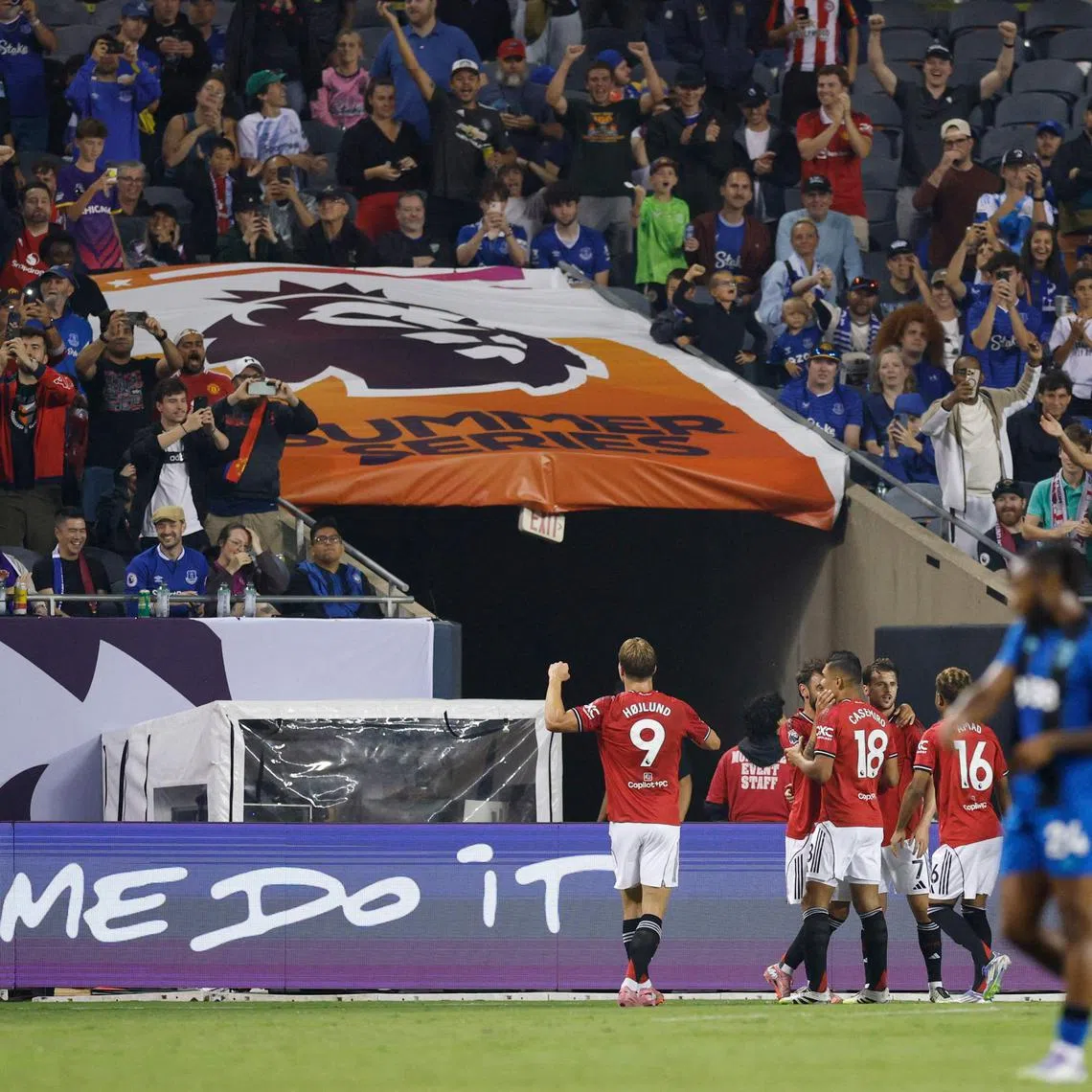 Manchester United forward Rasmus Hojlund celebrates scoring his team's first goal during the Premier League Summer Series football match against Bournemouth at Soldier Field in Chicago, Illinois.