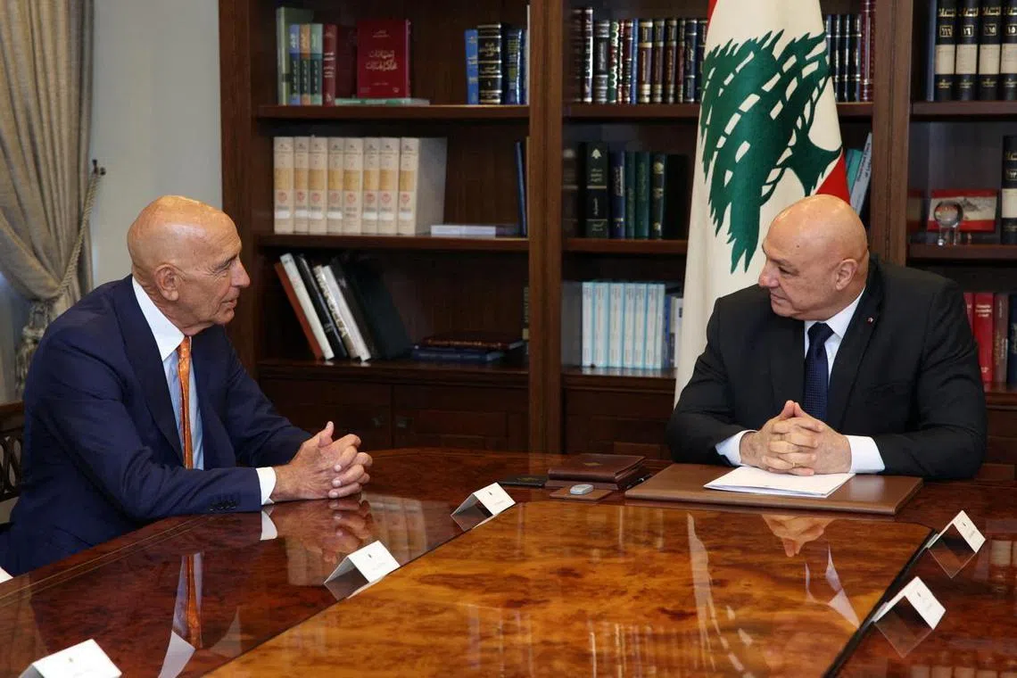 US Special Envoy for Syria Thomas Barrack (left) meets with Lebanese President Joseph Aoun at the presidential palace in Baabda, Lebanon on July 7, 2025. 