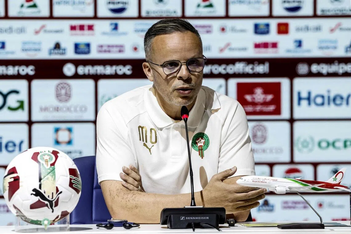 Morocco’s national team coach Mohamed Ouahbi speaks during a press conference as the official final list of football players selected for the 2026 FIFA World Cup is announced, at the Mohammed VI Complex in Sale on May 26.