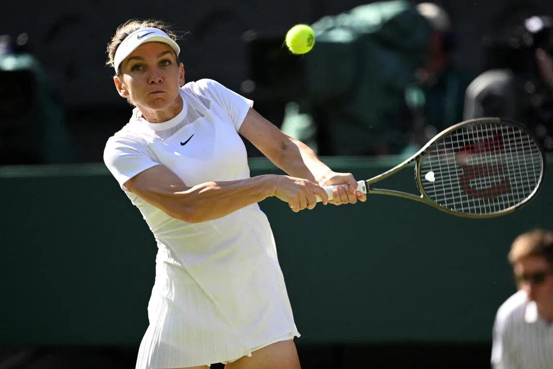 FILE PHOTO: Tennis - Wimbledon - All England Lawn Tennis and Croquet Club, London, Britain - July 7, 2022
Romania's Simona Halep in action during her semi final match against Kazakhstan's Elena Rybakina REUTERS/Toby Melville/File Photo