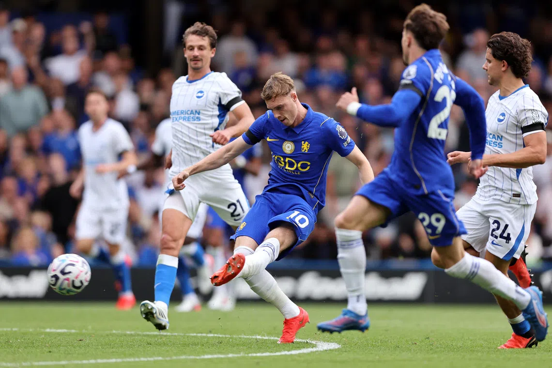 Soccer Football - Premier League - Chelsea v Brighton & Hove Albion - Stamford Bridge, London, Britain - August 30, 2026 Chelsea's Cole Palmer scores their fourth goal. REUTERS/David Klein