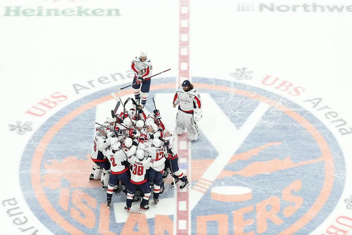 Washington Capitals left wing Alex Ovechkin celebrates after scoring in the second period against the New York Islanders at UBS Arena. 