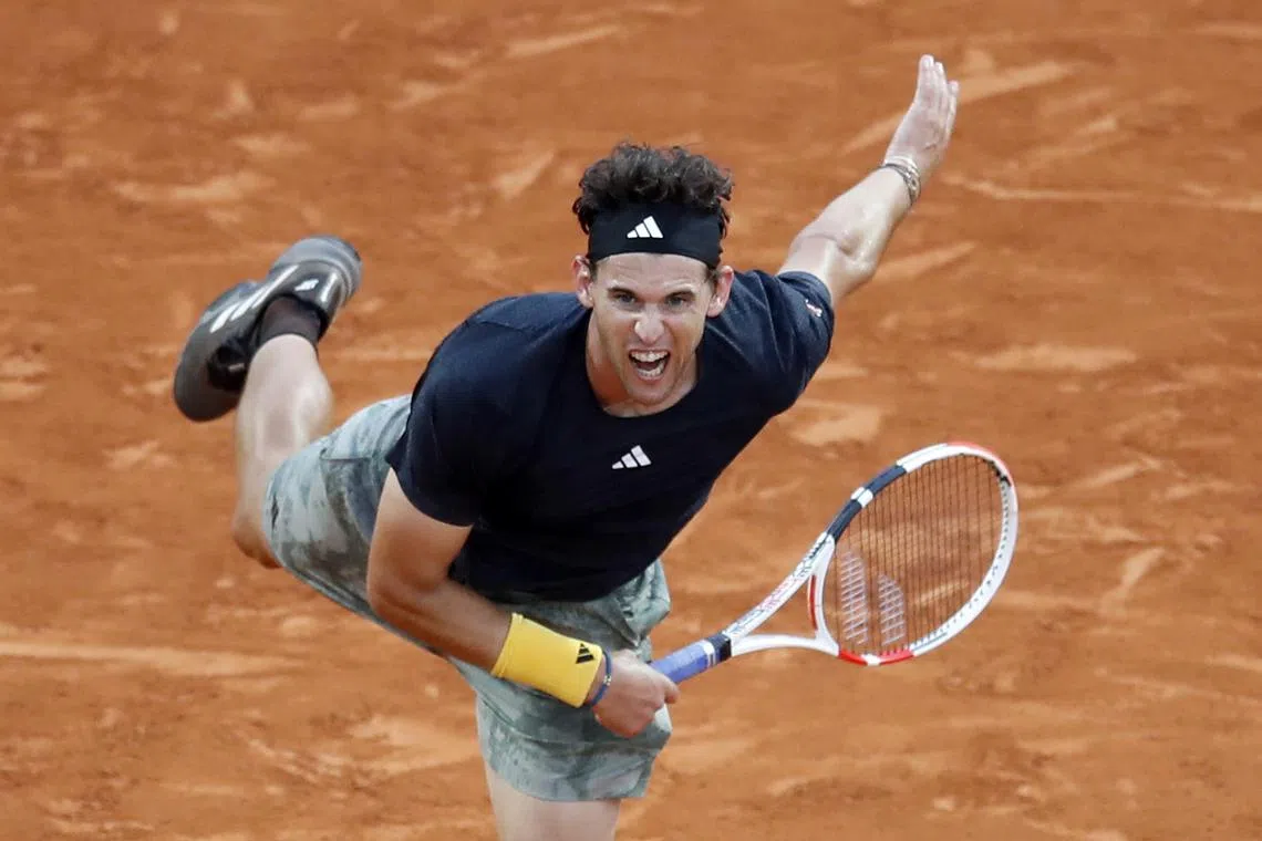 Dominic Thiem in action against Richard Gasquet during their first-round match at the Monte Carlo Masters.
