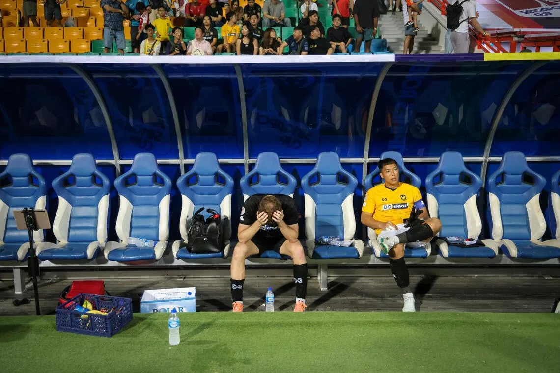 BG Tampines Rovers players Trent Buhagiar (left) and Syazwan Buhari dejected after losing to Lion City Sailors in the Singapore Cup final at Jalan Besar Stadium on Jan 10.