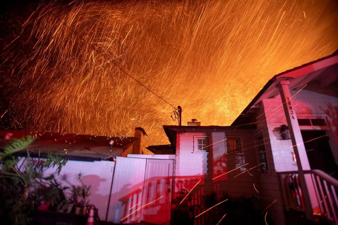 The wind whips embers as the Palisades fire burns during a windstorm on the west side of Los Angeles on Jan 8.