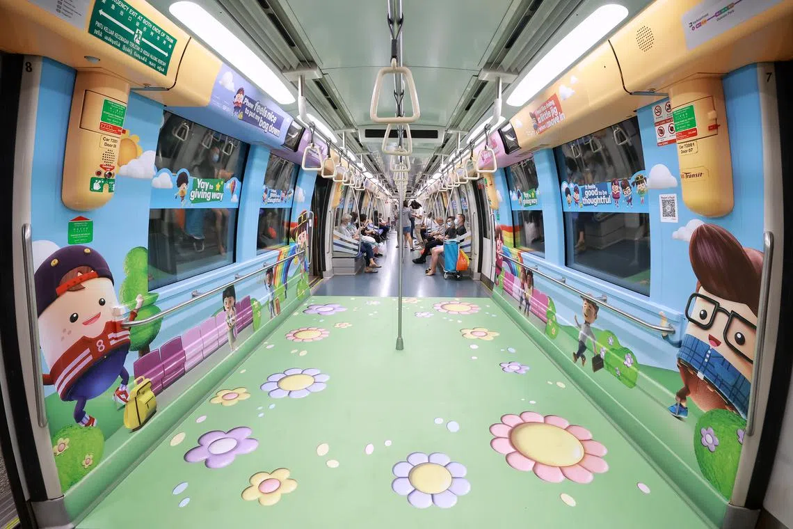 A Graciousness themed train cabin designed by Media Arts and Design students from Singapore Polytechnic as seen during the launch of Graciousness on Public Transport Campaign on March 17, 2023. The themed train will be running on the North East Line from 17 March to 11 May 2023. 