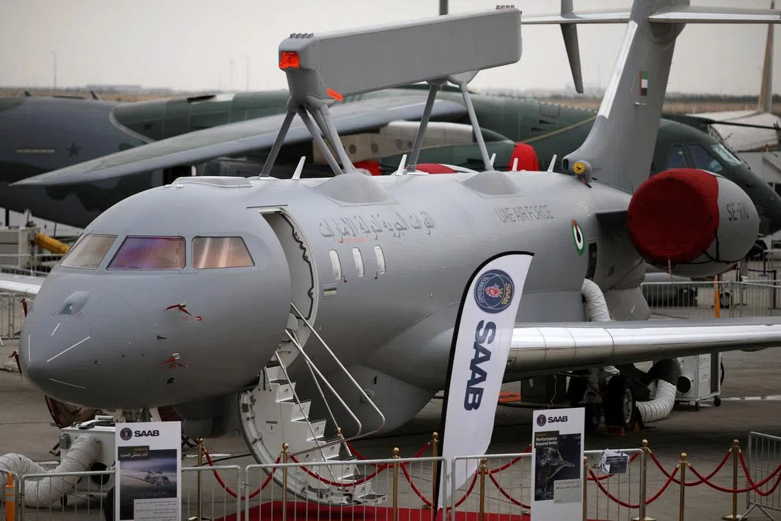 FILE PHOTO: A GlobalEye aircraft, manufactured by Saab Technologies, on static design during the fifth day of Dubai Air Show in Dubai, United Arab Emirates November 21, 2019. Picture taken November 21, 2019. REUTERS/Christopher Pike/File Photo