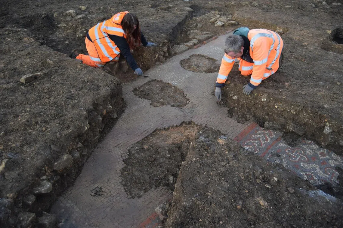 Roman mosaic uncovered during excavations at Olney, Buckinghamshire.