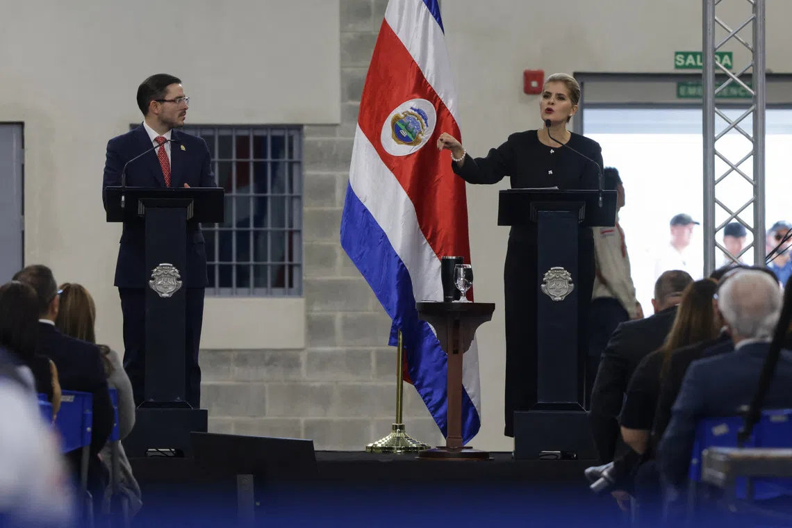 Costa Rican President Laura Fernandez speaks during the inauguration of the Center for High Containment of Organized Crime (CACCO), a new maximum-security prison built with the cooperation of the government of El Salvador’s President Nayib Bukele, in Alajuela, Costa Rica, October 14, 2026. REUTERS/Mayela Lopez
