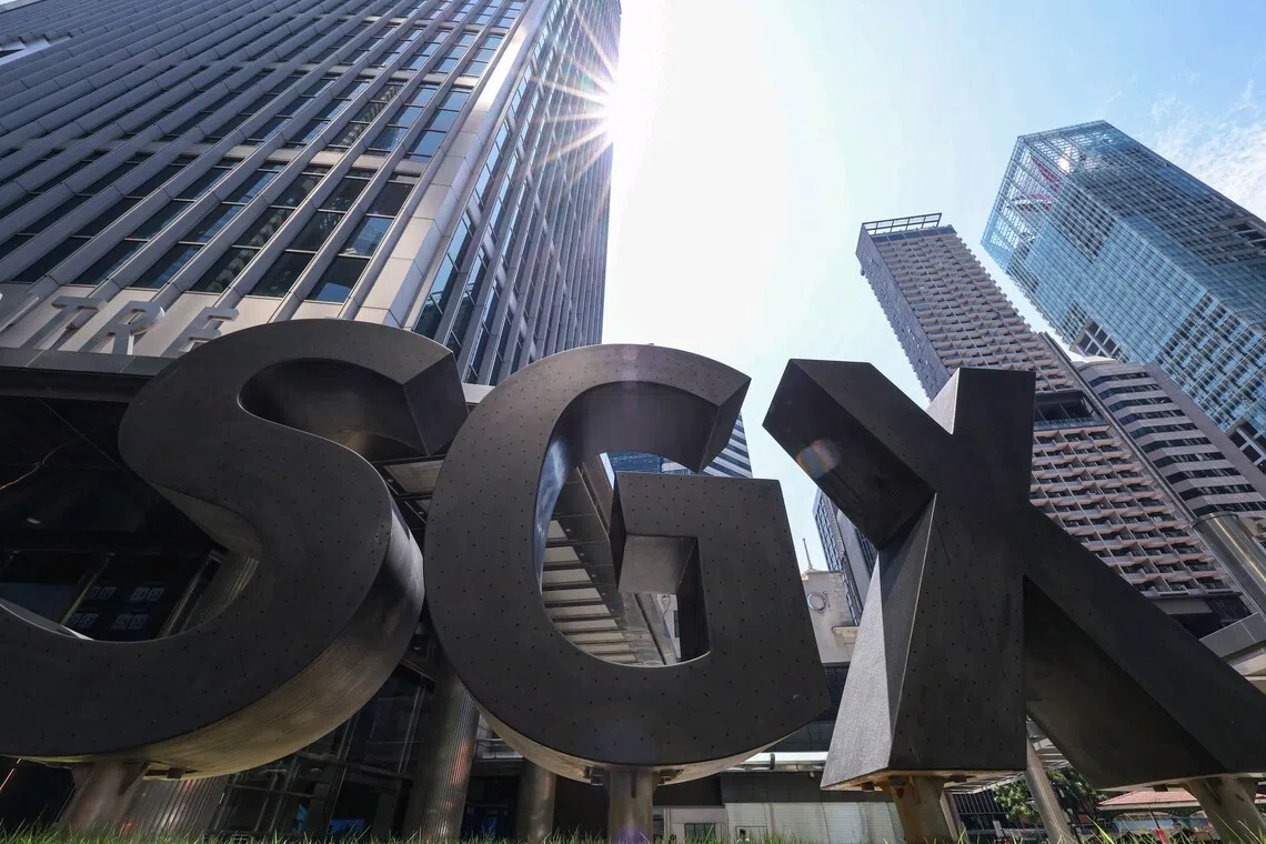ST20250410_202564800364/pixgenerics/Brian Teo/Generic of the SGX logo outside SGX Centre on April 10, 2025. Can be used for stories on SGX, stock market, STI, Trump, tariffs, investment, Singapore index, recession, shares. ST PHOTO: BRIAN TEO