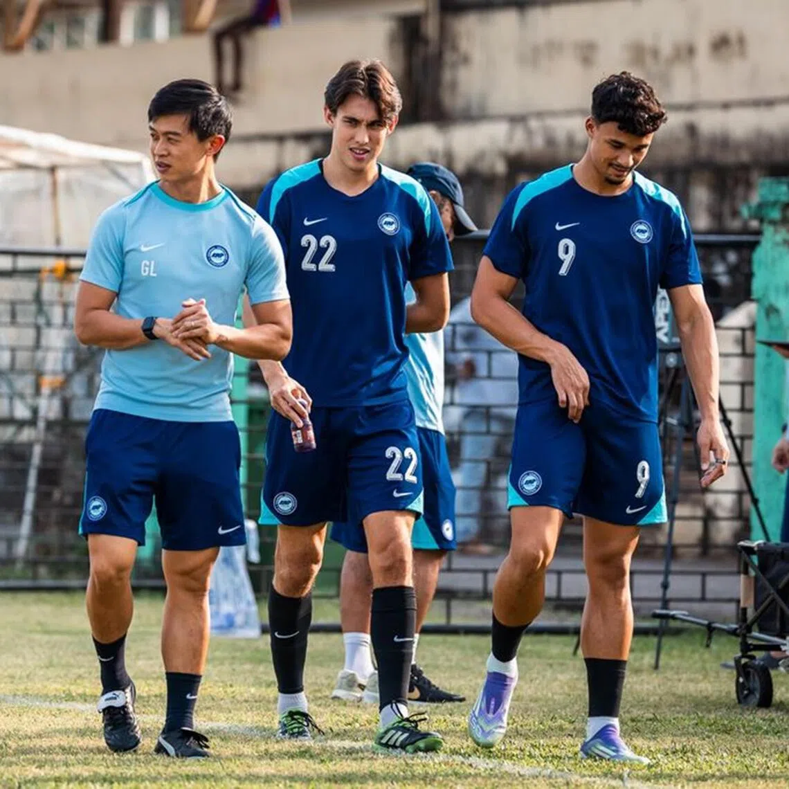 Lions striker Shawal Anuar, head coach Gavin Lee, midfielder Jacob Mahler and striker Ikhsan Fandi in  training last October ahead of the Asian Cup qualifier against India