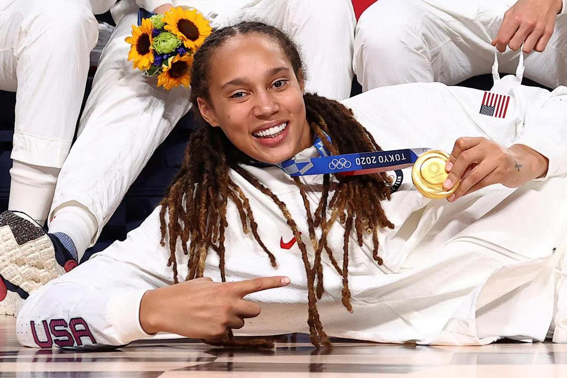 Brittney Griner with her gold medal in Women's Basketball at the Tokyo 2020 Summer Olympics in Saitama, on Aug 8, 2021.
