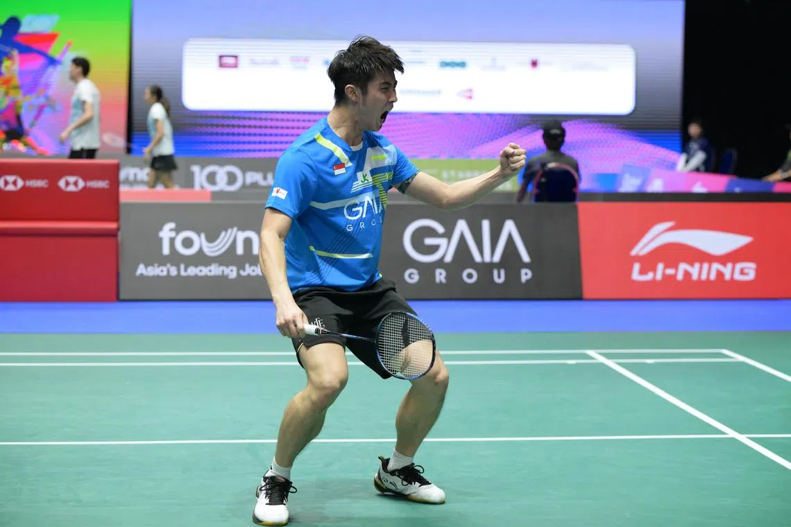 dlbad30/ST20240530_202473967079/Ng Sor Luan/KFF Singapore Badminton Open second round. Singapore player Loh Kean Yew in his match against Danish Ander Antonsen. Loh celebrates after his win.