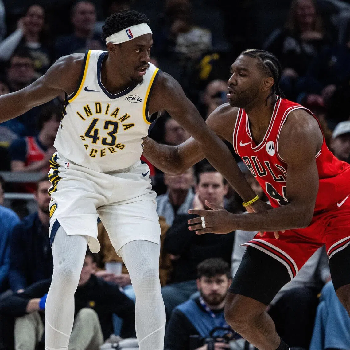 Indiana Pacers forward Pascal Siakam dribbling against Chicago Bulls forward Patrick Williams during the first half at Gainbridge Fieldhouse on Jan 28.