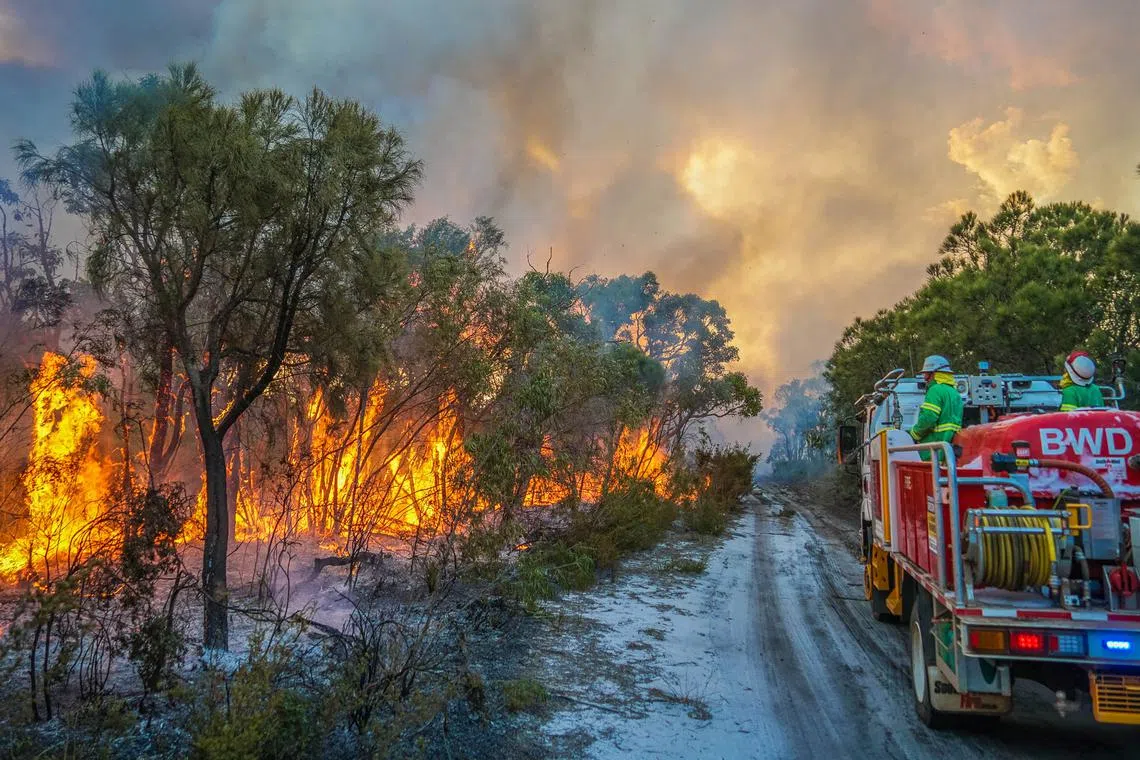 Emergency services personnel fighting a fire near Australia's Margaret River, on Dec 8, 2021. 