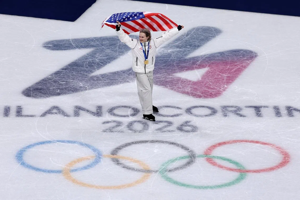 Milano Cortina 2026 Olympics - Figure Skating - Team Event - Victory Ceremony - Milano Ice Skating Arena, Milan, Italy - February 08, 2026. Gold medallist Ilia Malinin of United States celebrates after winning the Team Event REUTERS/Amanda Perobelli