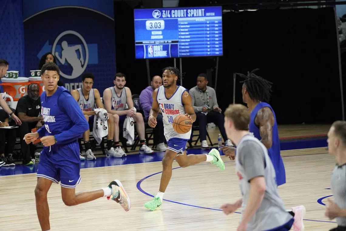 May 14, 2024; Chicago, IL, USA; Bronny James (50) participates during the 2024 NBA Draft Combine  at Wintrust Arena. Mandatory Credit: David Banks-USA TODAY Sports
