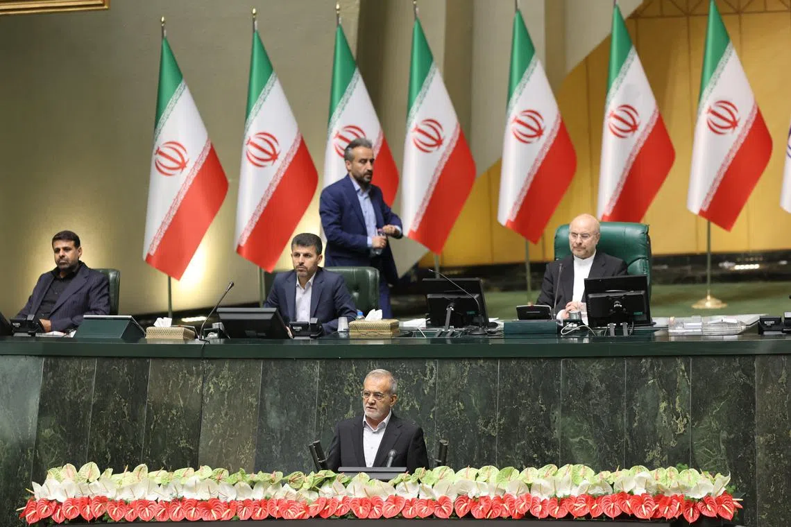 FILE PHOTO: Iran's new President, Masoud Pezeshkian speaks during his swearing-in ceremony at the parliament in Tehran, Iran, July 30, 2024. Majid Asgaripour/File Photo