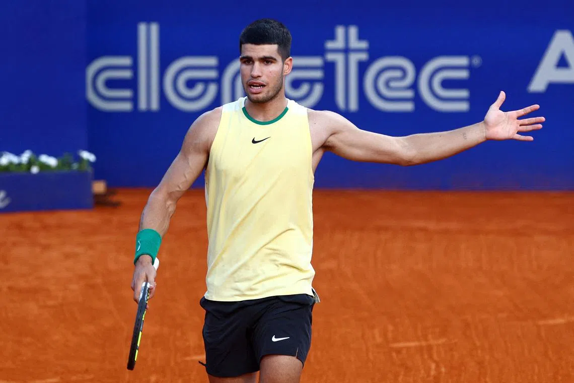 FILE PHOTO: Tennis - ATP 250 - Argentina Open - Buenos Aires Lawn Tennis Club, Buenos Aires, Argentina - February 17, 2024 Spain's Carlos Alcaraz reacts during his semi final match against Chile's Nicolas Jarry REUTERS/Matias Baglietto/File Photo