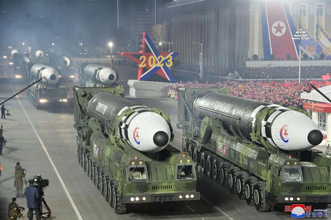 Intercontinental ballistic missiles during a military parade celebrating the 75th anniversary of the founding of the Korean People's Army in Kim Il Sung Square in Pyongyang.  