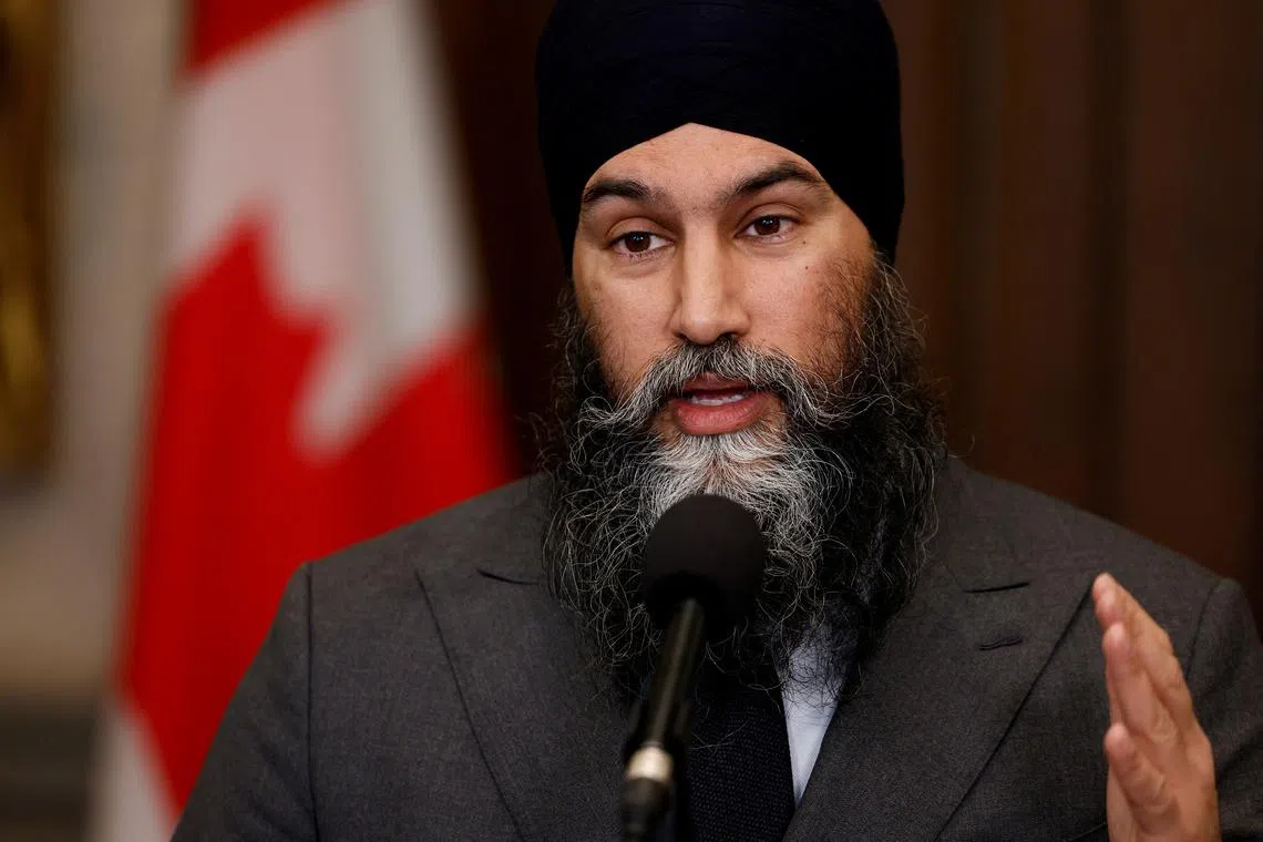 FILE PHOTO: Canada's New Democratic Party leader Jagmeet Singh speaks to journalists before Question Period in the House of Commons on Parliament Hill in Ottawa, Ontario, Canada February 26, 2024. REUTERS/Blair Gable/File Photo