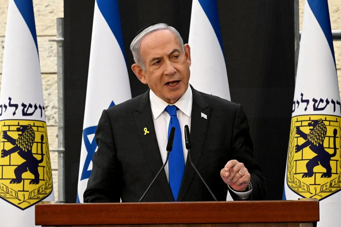 Israeli Prime Minister Benjamin Netanyahu speaks at a ceremony for Remembrance Day for the Fallen of Israel’s Wars and Victims of Terrorism at Yad LeBanim in Jerusalem, May 12, 2024. DEBBIE HILL/Pool via REUTERS/File Photo