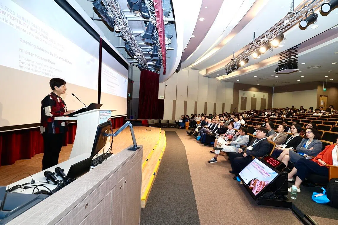 Minister in the Prime Minister’s Office Indranee Rajah speaking at a conference on population matters held at the National University of Singapore on May 21.