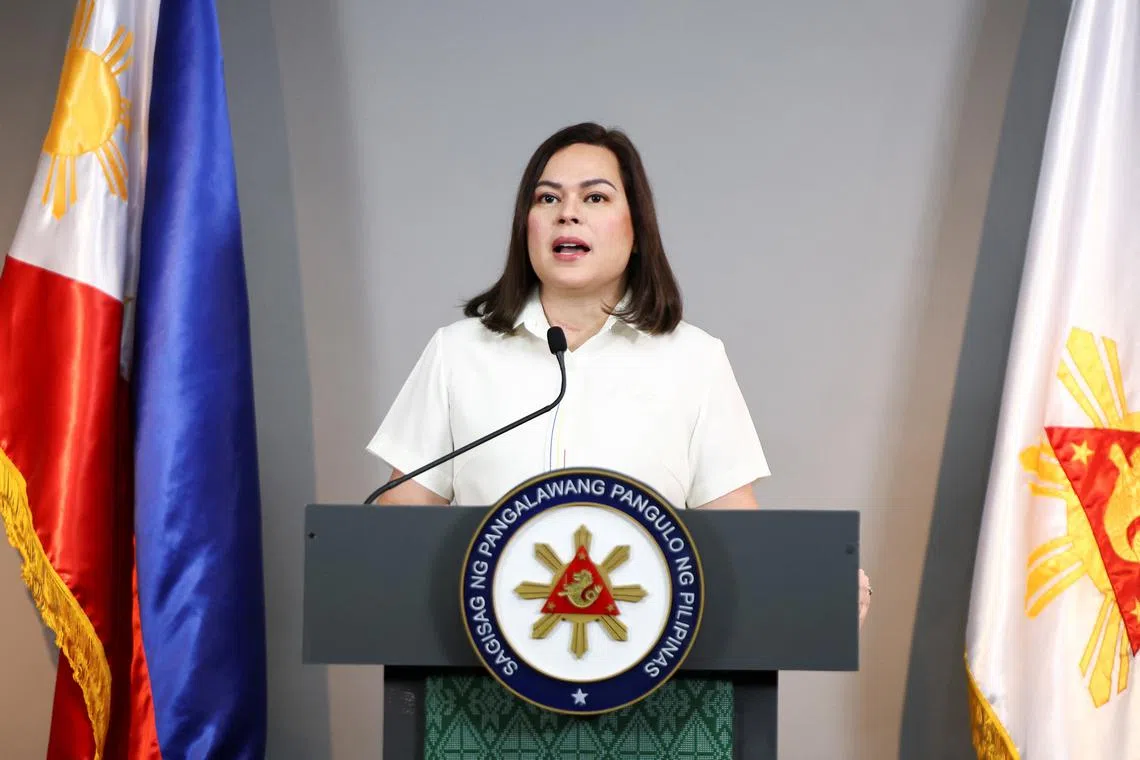 FILE PHOTO: Philippine Vice President Sara Duterte delivers a statement in her office at Mandaluyong City, Metro Manila, Philippines, February 7, 2025. REUTERS/Eloisa Lopez/File Photo