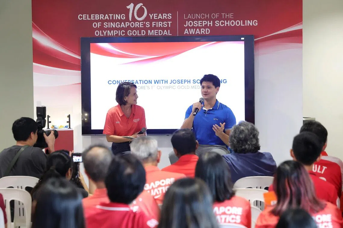 Former national swimmer Joseph Schooling and host Colette Wong at an event at OCBC Aquatic Centre on Aug 12 commemorating the 10th anniversary of Schooling’s Olympic gold-winning feat.