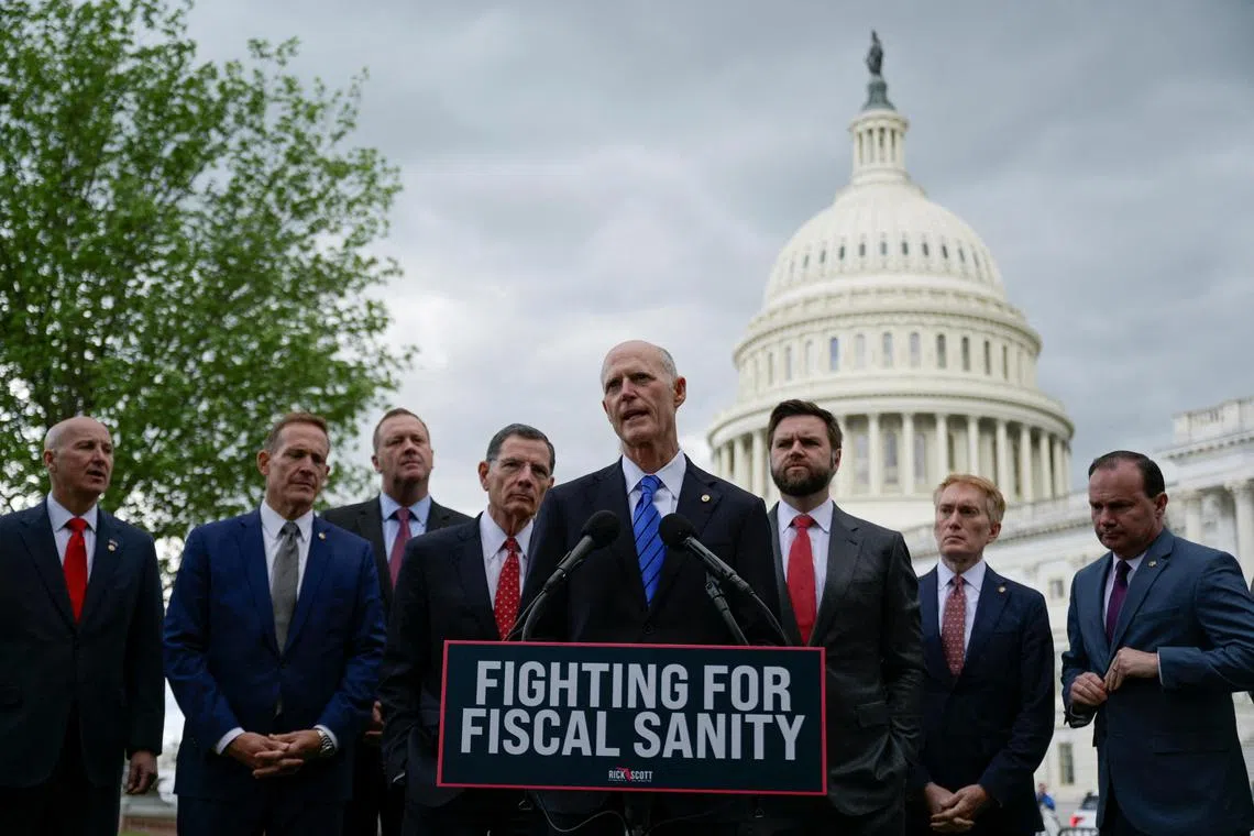 US Senator Rick Scott speaks during a press conference calling on US President Joe Biden to negotiate with Republicans in order to make a deal on raising the debt ceiling on Capitol Hill in Washington on Wednesday.