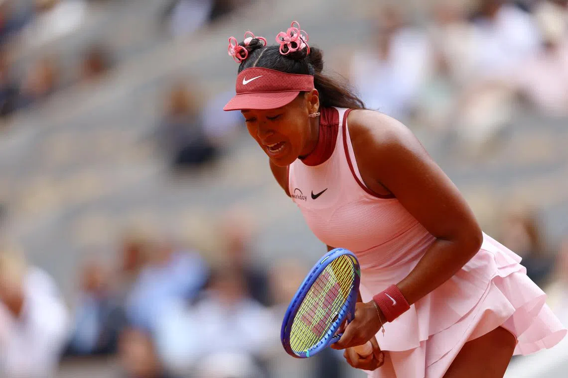 Tennis - French Open - Roland Garros, Paris, France - May 26, 2025
Japan's Naomi Osaka reacts during her first round match against Spain's Paula Badosa REUTERS/Lisi Niesner