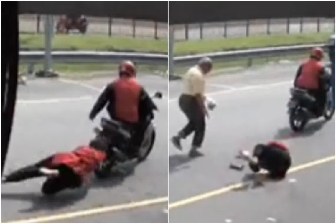 The woman was pulled along for a short distance before she fell on her face.