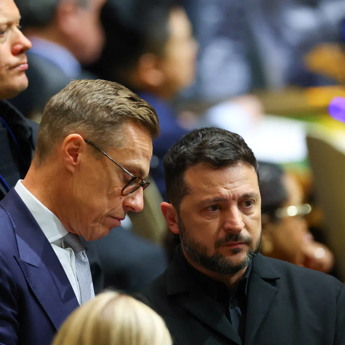 Ukraine's President Volodymyr Zelenskiy chats with Finland's President Alexander Stubb at the 81st United Nations General Assembly in New York City, US, September 22, 2026. REUTERS/MIKE SEGAR