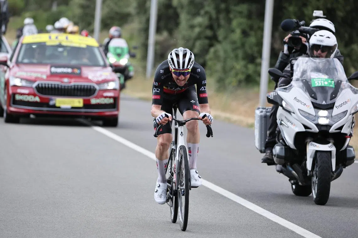 Belgian rider Tim Wellens of UAE Team Emirates in action during the 15th stage of the Tour de France.