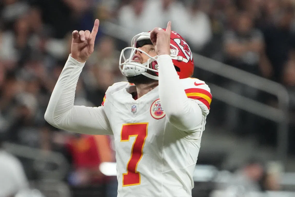 FILE PHOTO: Oct 27, 2024; Paradise, Nevada, USA; Kansas City Chiefs place kicker Harrison Butker (7) reacts after a field goal against the Las Vegas Raiders in the second half at Allegiant Stadium. Mandatory Credit: Kirby Lee-Imagn Images/File Photo