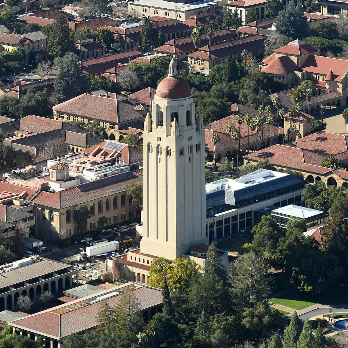 The Hoover Tower rises above Stanford University in an aerial photo.