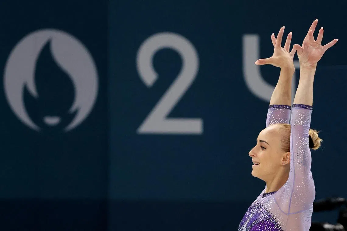 Paris 2024 Olympics - Artistic Gymnastics - Women's Balance Beam Final - Bercy Arena, Paris, France - August 05, 2024. Alice D'Amato of Italy reacts after her performance. REUTERS/Mike Blake