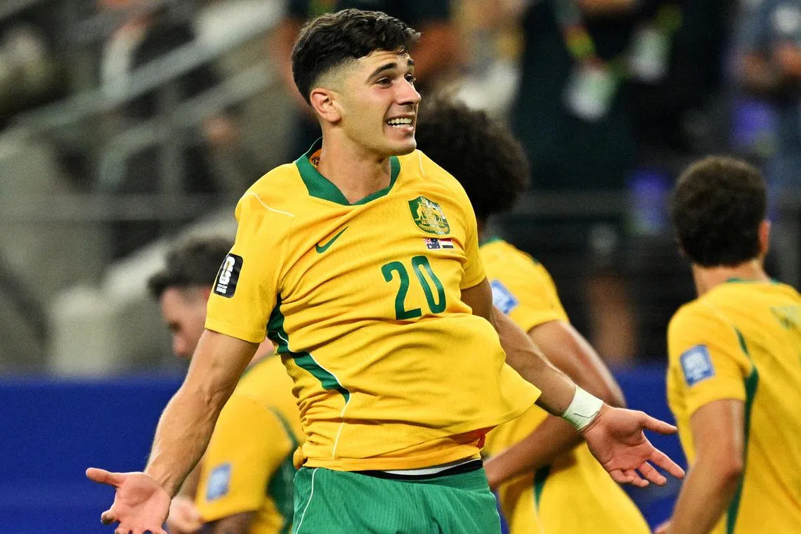 FILE PHOTO: Soccer Football - FIFA World Cup 2026 - Round of 32 - Australia v Egypt - Dallas Stadium, Arlington, Texas, U.S. - July 3, 2026 Australia's Cristian Volpato celebrates with team mates after Egypt's Mohamed Hany scored an own goal and Australia's first IMAGN IMAGES via Reuters/Jerome Miron/File Photo