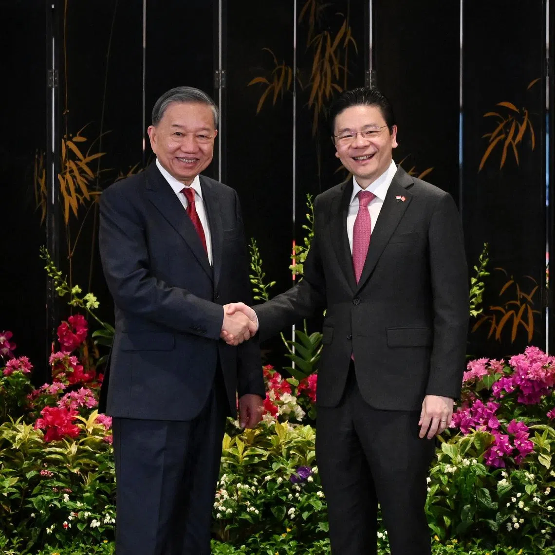 Prime Minister Lawrence Wong (right) meeting Vietnam’s leader To Lam at Parliament House on March 12, 2025.