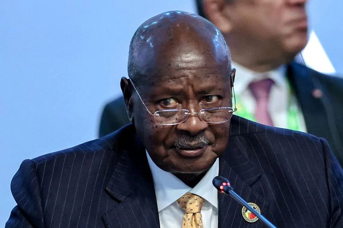 FILE PHOTO: Ugandan President Yoweri Museveni attends a session of the Russia-Africa summit in Saint Petersburg, Russia, July 28, 2023.  Mikhail Tereshchenko/TASS Host Photo Agency via REUTERS/File Photo