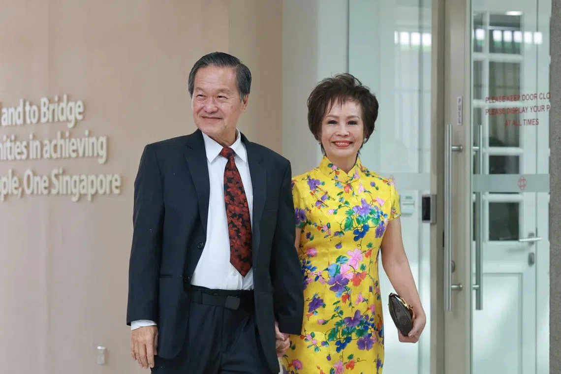 Tan Kin Lian and his wife arriving at the Nomination Centre.